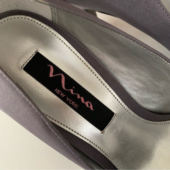 Nina Womens Dark Grey Satin Bow Peep Toe Slip On High Heel Pump Size US 7.5 M - Picture 2 of 9